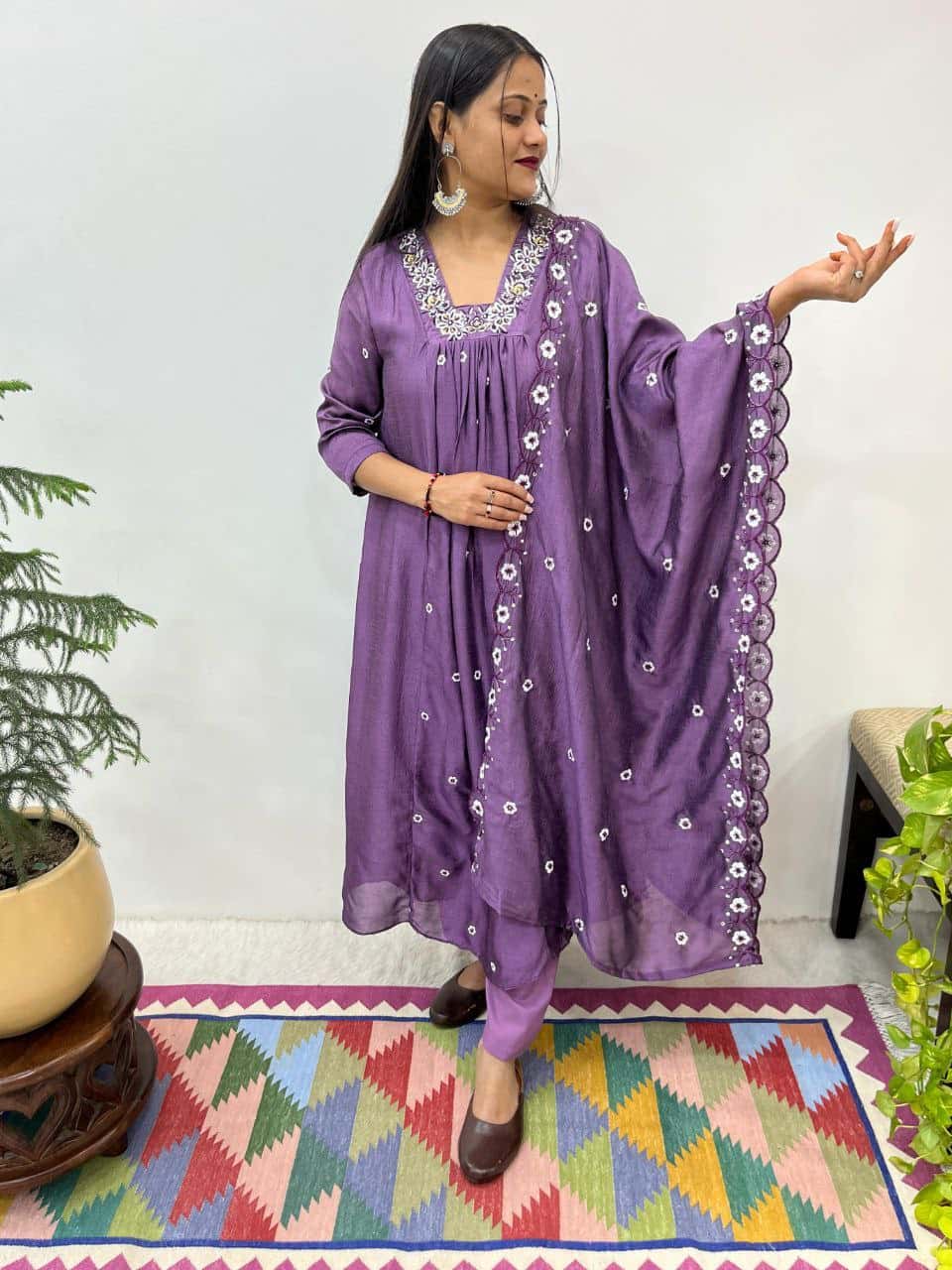 Elegant Vichitra Silk Handwork Gown Set with Embroidered Dupatta
