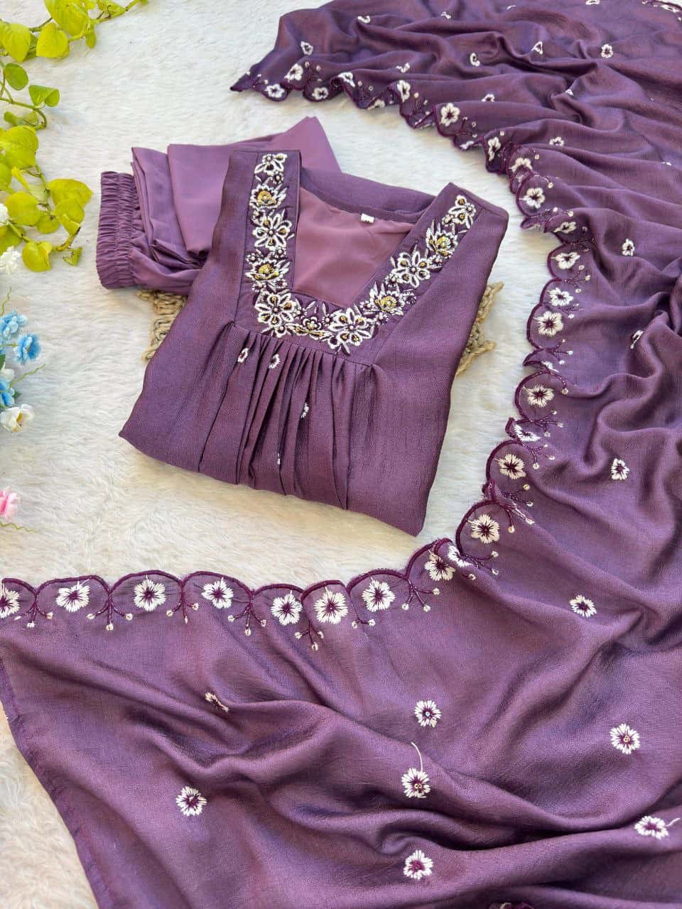 Elegant Vichitra Silk Handwork Gown Set with Embroidered Dupatta