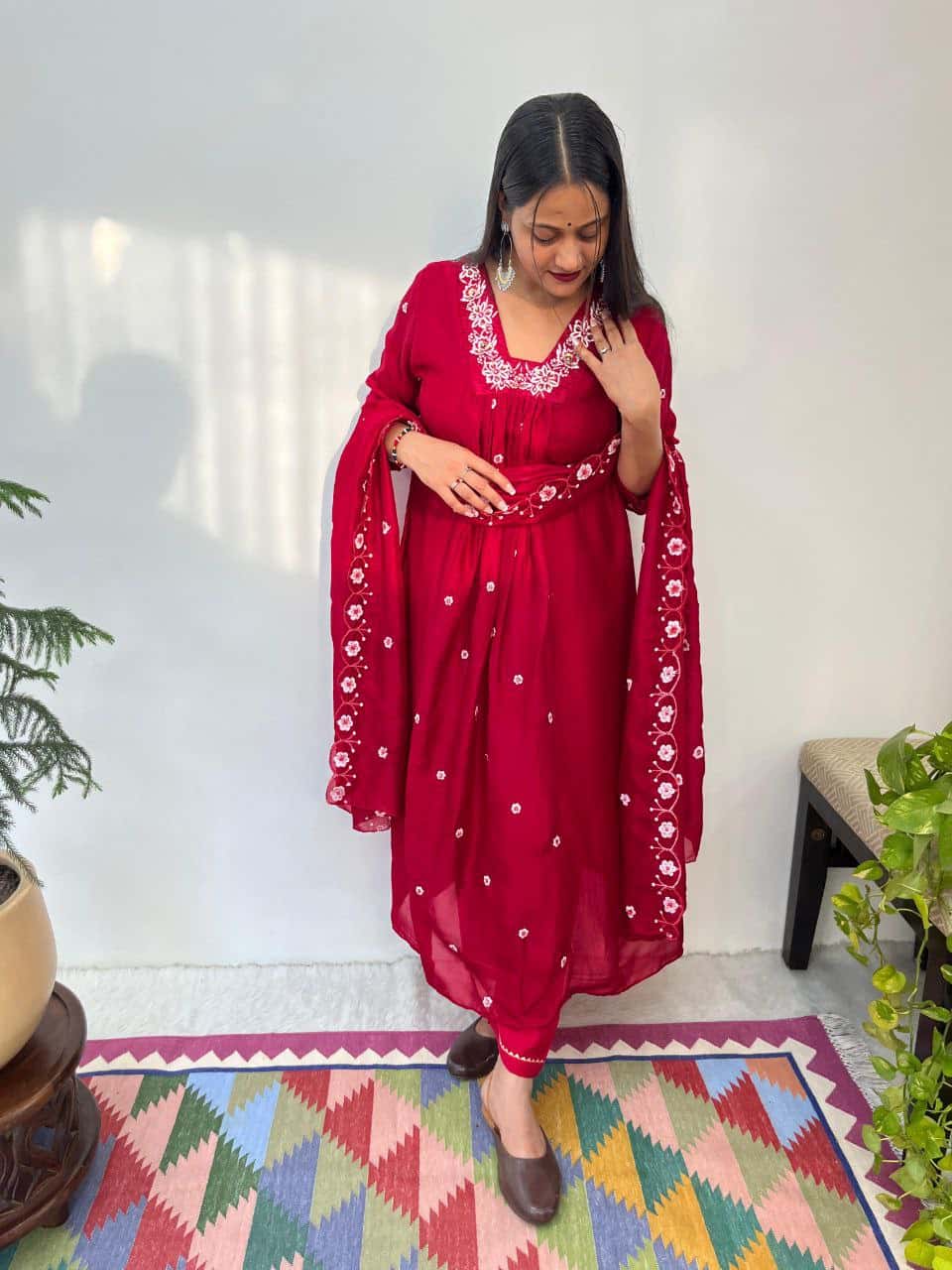Elegant Vichitra Silk Handwork Gown Set with Embroidered Dupatta