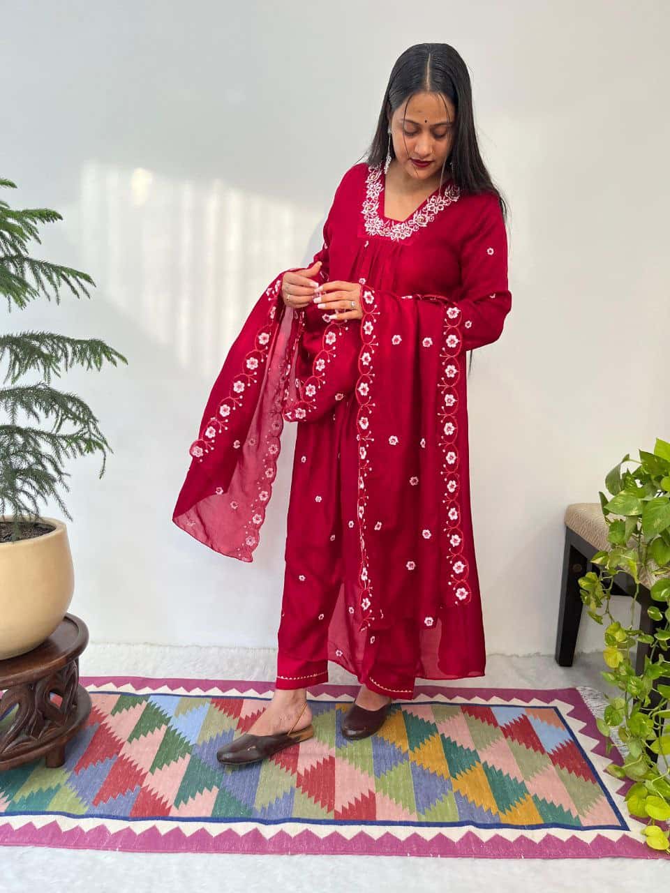 Elegant Vichitra Silk Handwork Gown Set with Embroidered Dupatta