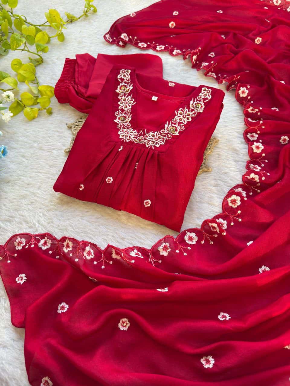 Elegant Vichitra Silk Handwork Gown Set with Embroidered Dupatta