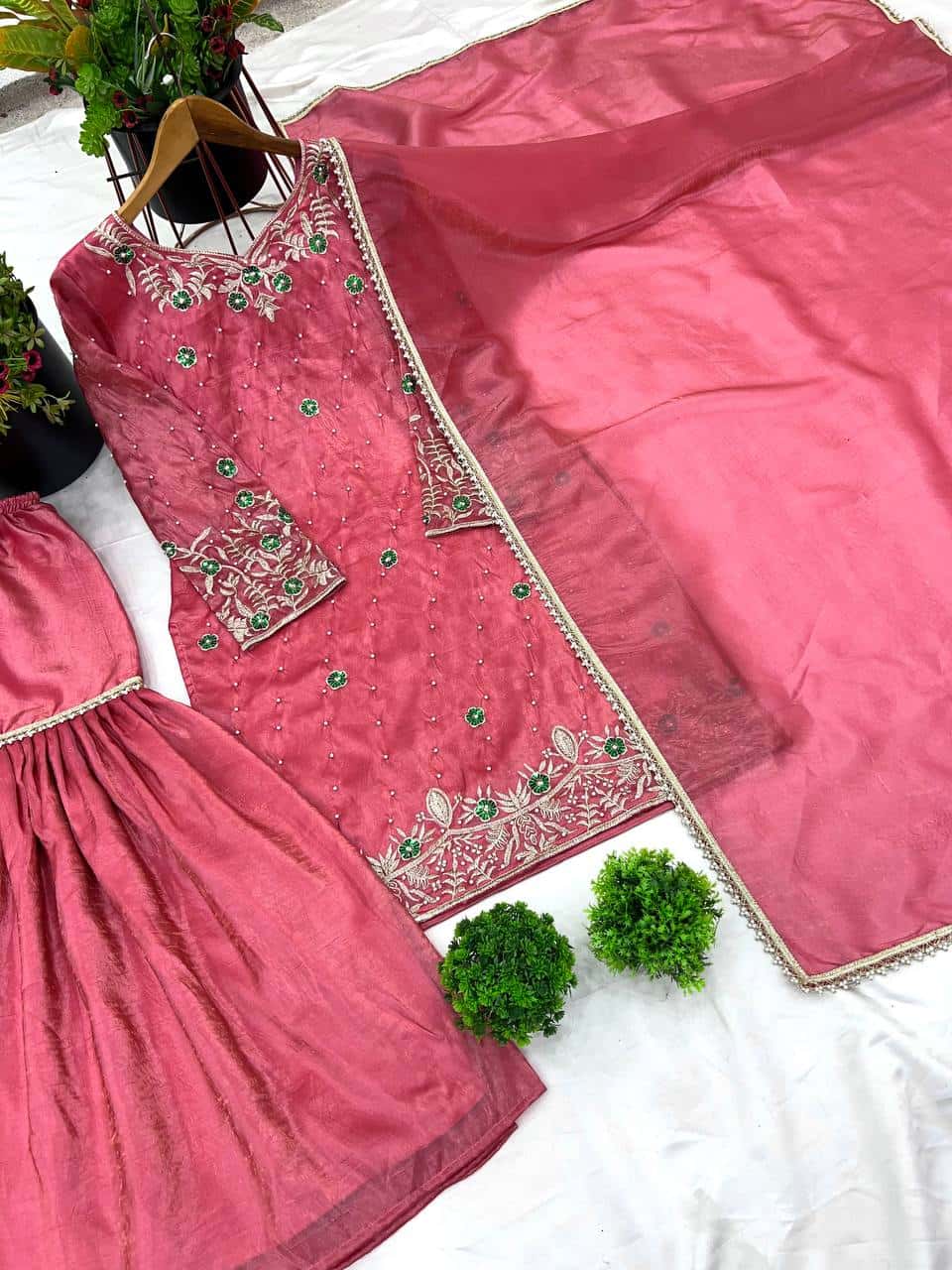 "Opulent Gold Crush Embroidered Top & Plazzo Set with Beads and Lace Dupatta"