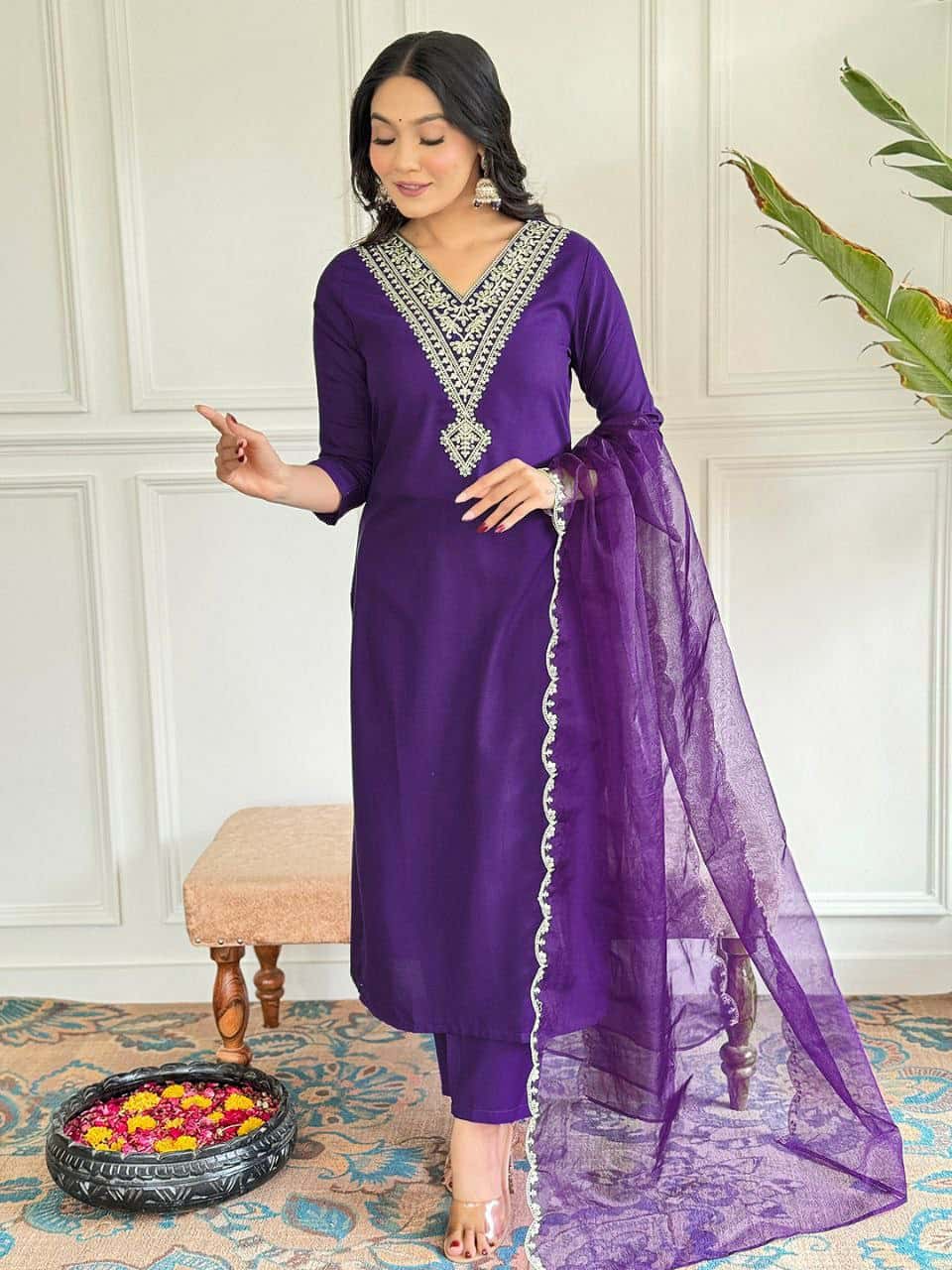"Elegant Viscose Rayon Kurti Set with Embroidered Sequence & Organza Dupatta"