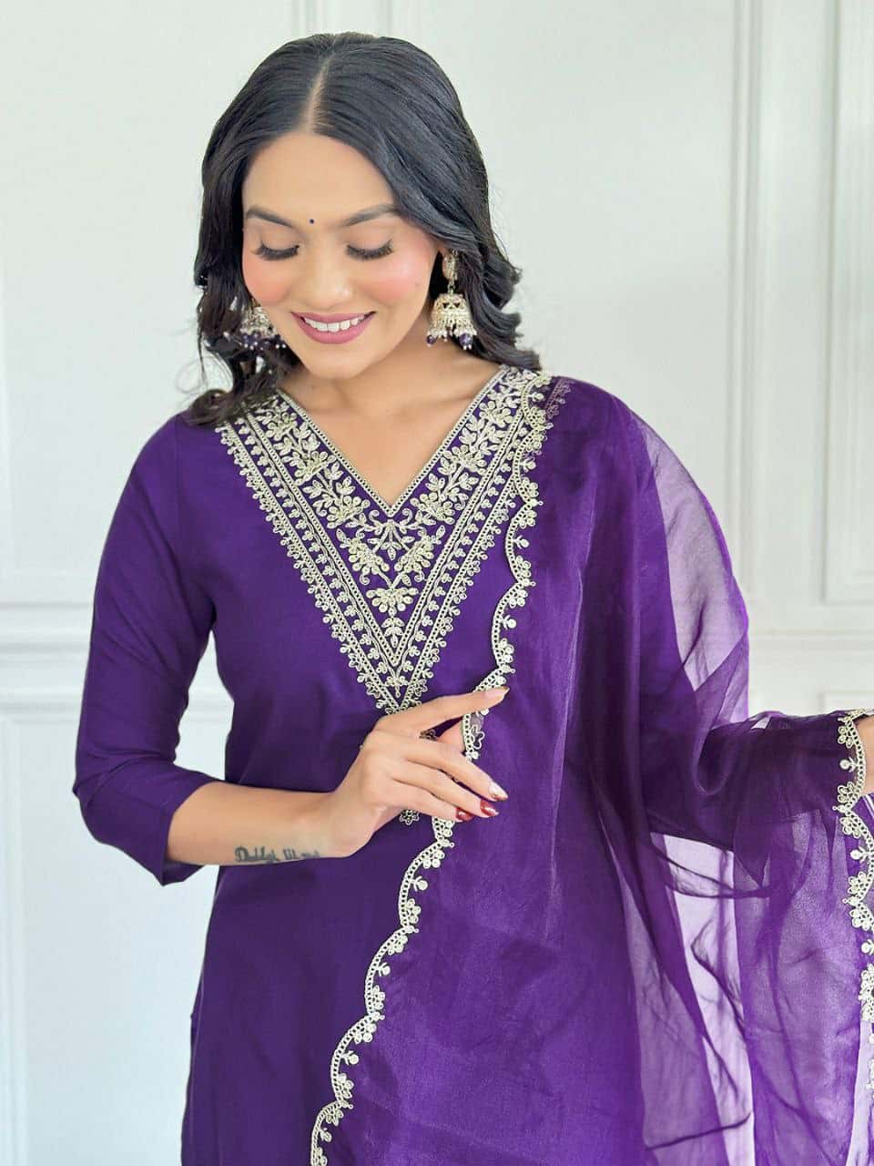"Elegant Viscose Rayon Kurti Set with Embroidered Sequence & Organza Dupatta"
