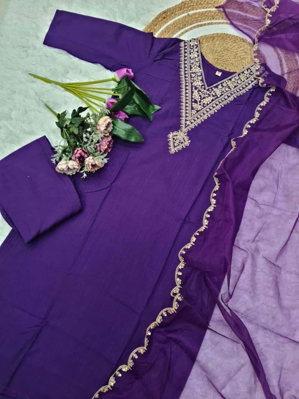 "Elegant Viscose Rayon Kurti Set with Embroidered Sequence & Organza Dupatta"