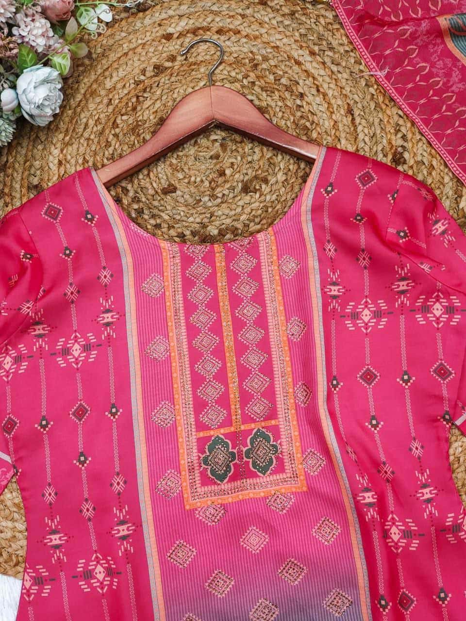 "Elegant Pink & Grey 3-Piece Kurti Set for Women with Gold Accents"