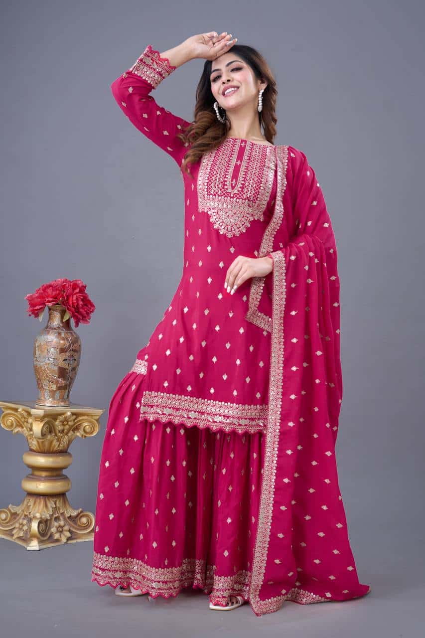 "Elegant Heavy Chinon Silk Embroidered Sharara Set with Lace Dupatta"