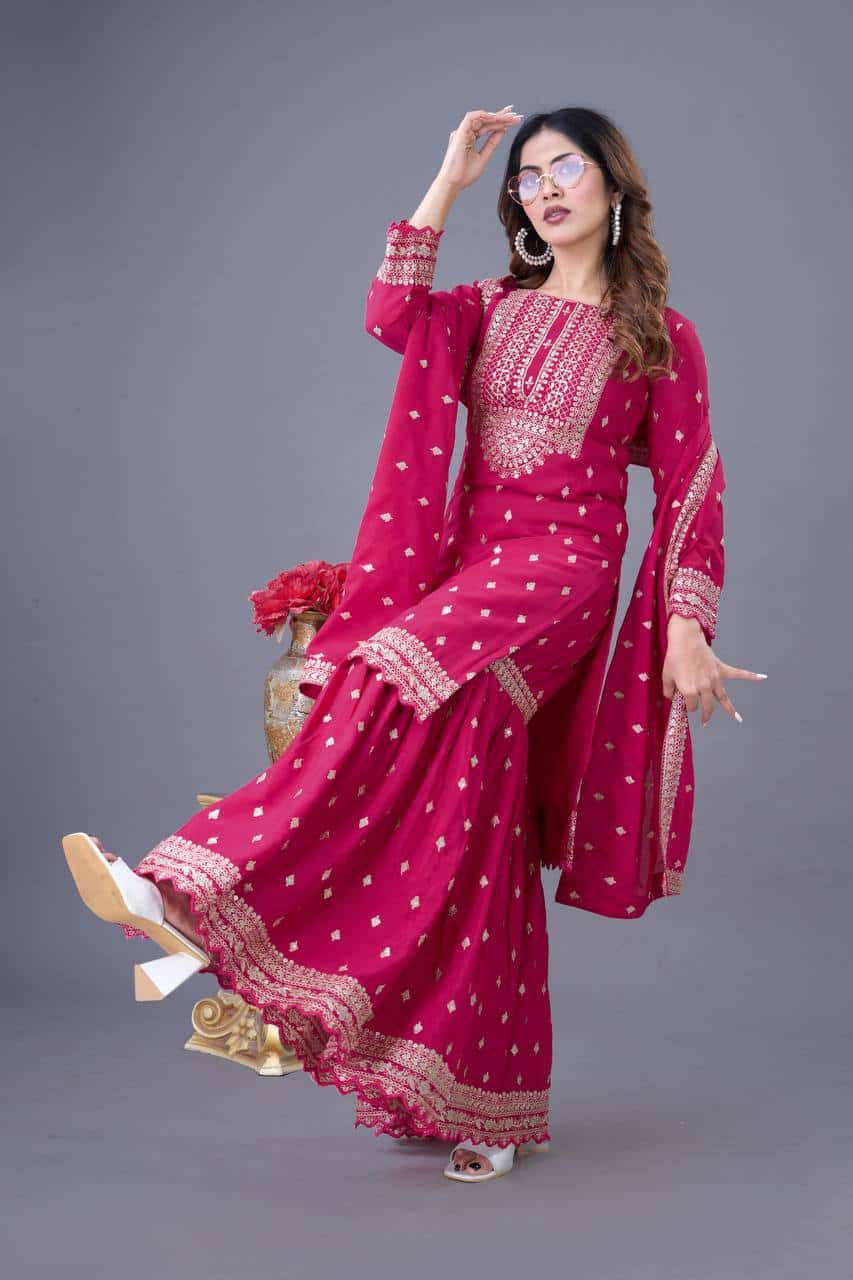 "Elegant Heavy Chinon Silk Embroidered Sharara Set with Lace Dupatta"