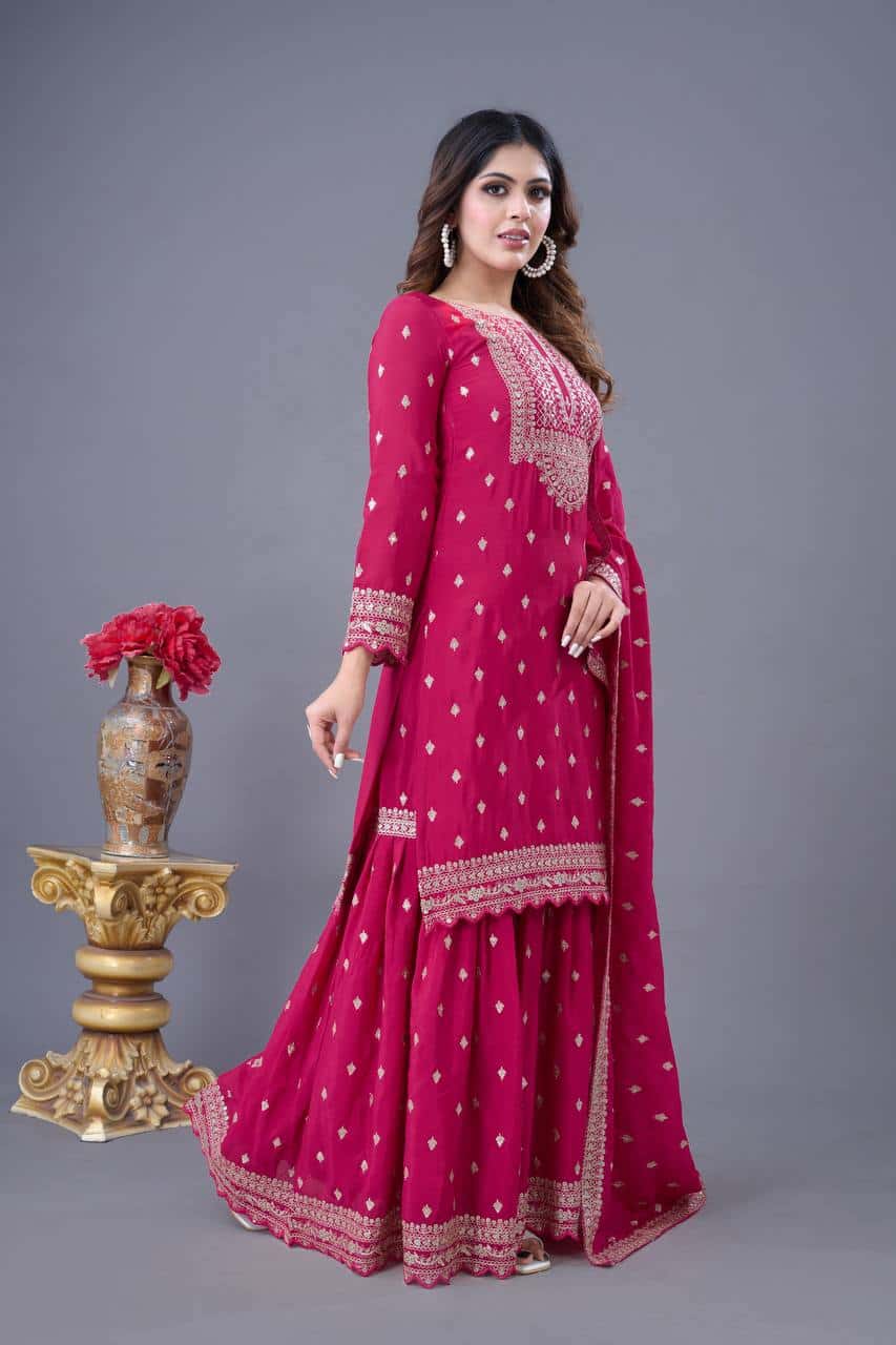 "Elegant Heavy Chinon Silk Embroidered Sharara Set with Lace Dupatta"