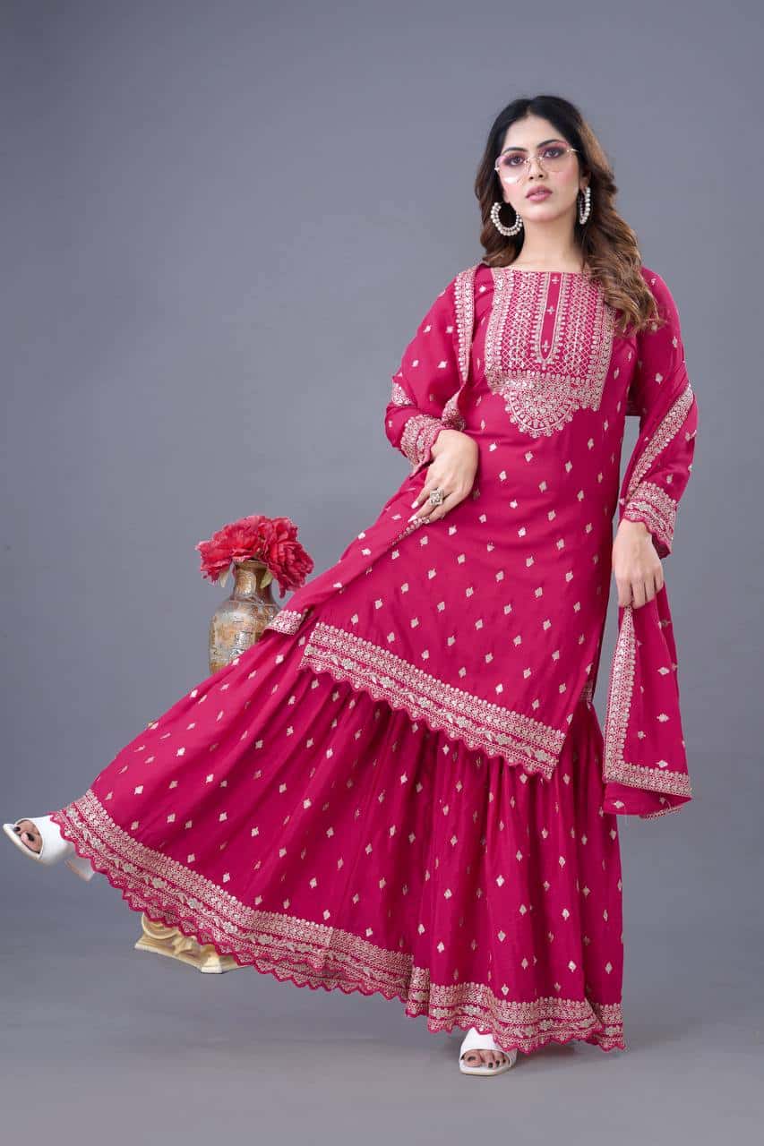 "Elegant Heavy Chinon Silk Embroidered Sharara Set with Lace Dupatta"