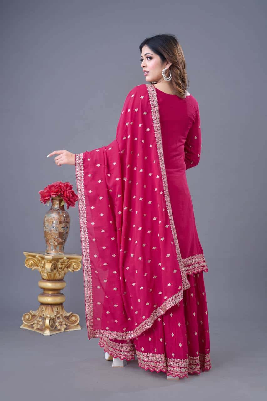 "Elegant Heavy Chinon Silk Embroidered Sharara Set with Lace Dupatta"