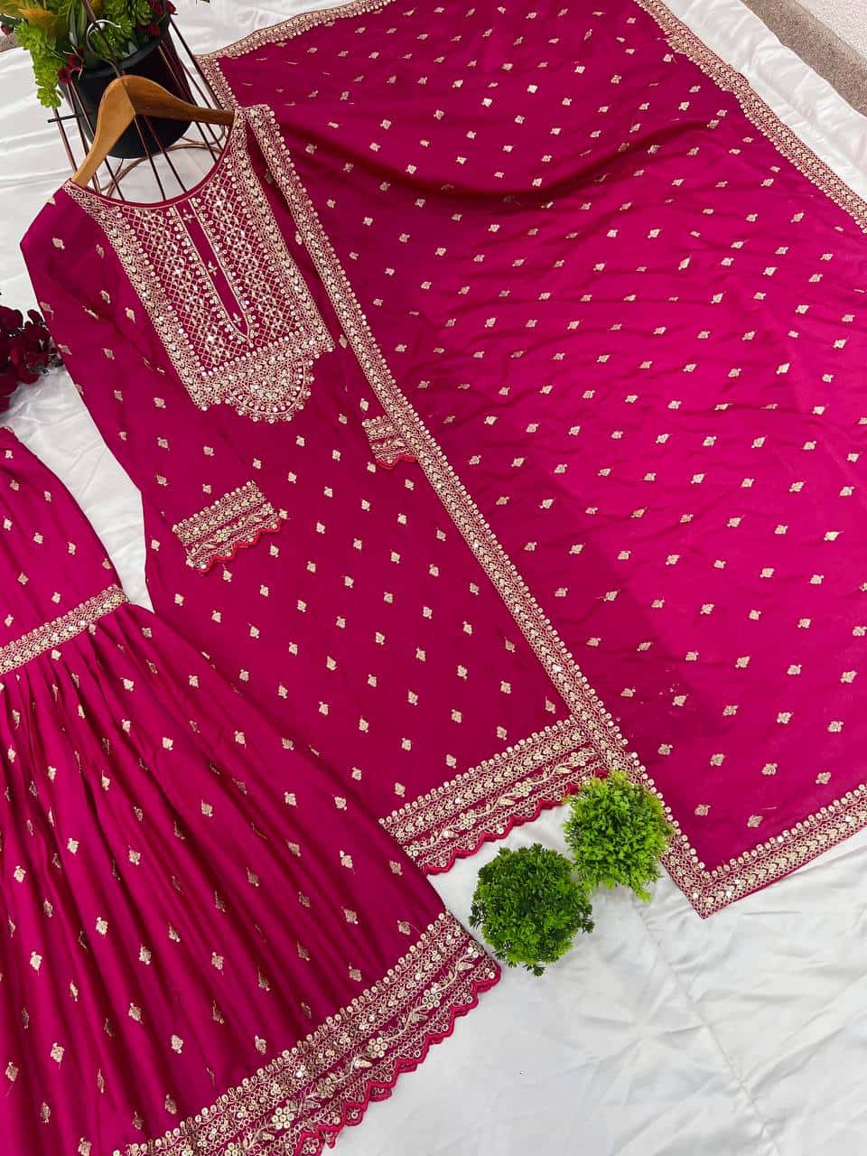 "Elegant Heavy Chinon Silk Embroidered Sharara Set with Lace Dupatta"