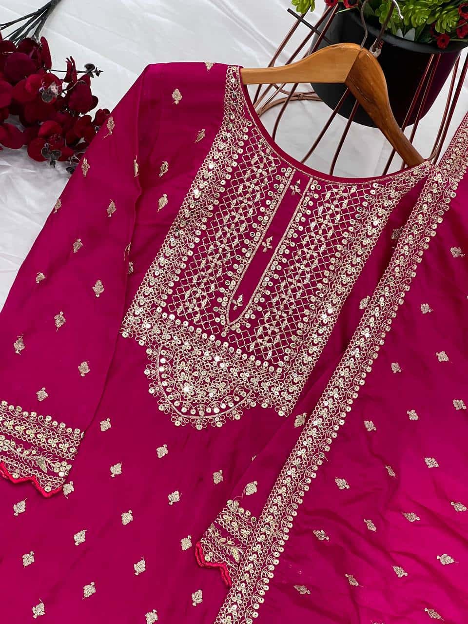 "Elegant Heavy Chinon Silk Embroidered Sharara Set with Lace Dupatta"
