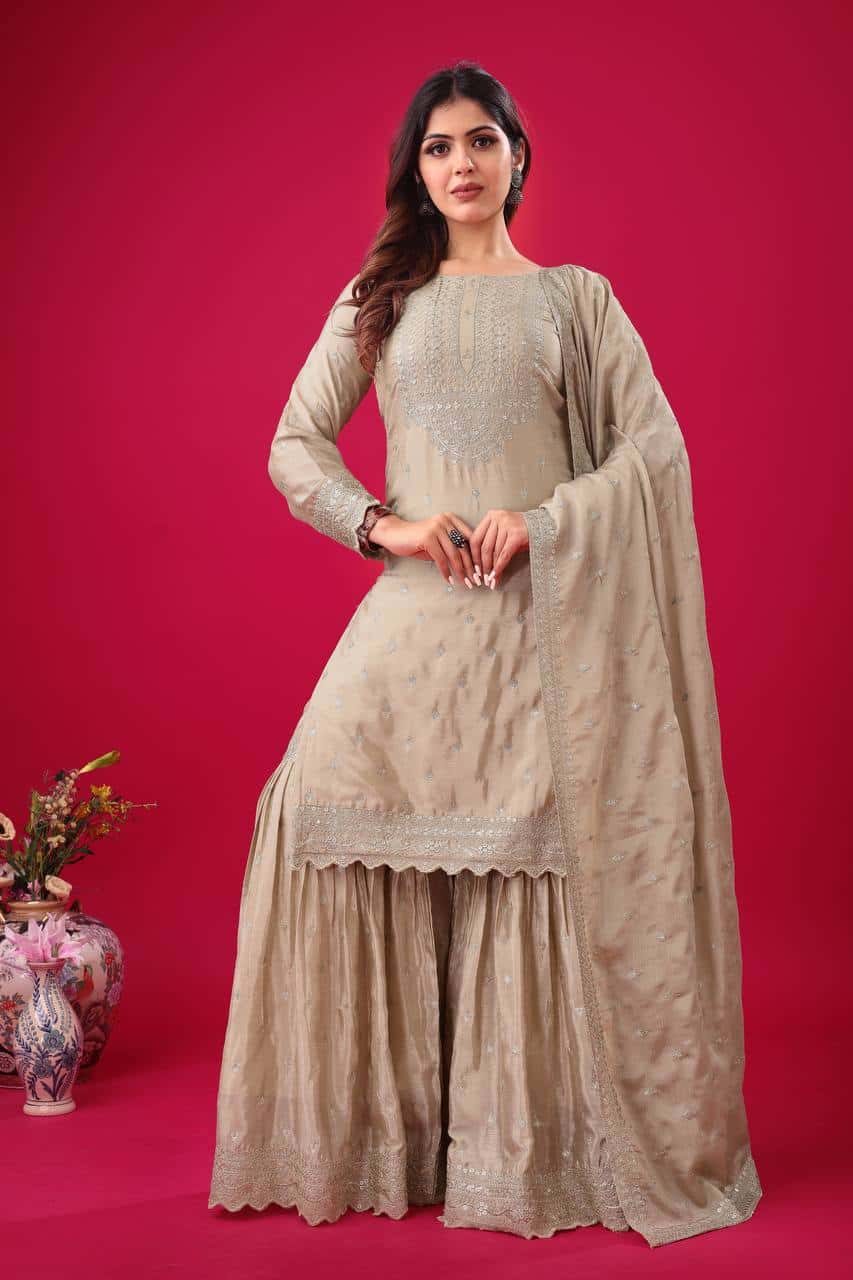 "Elegant Heavy Chinon Silk Embroidered Sharara Set with Lace Dupatta"