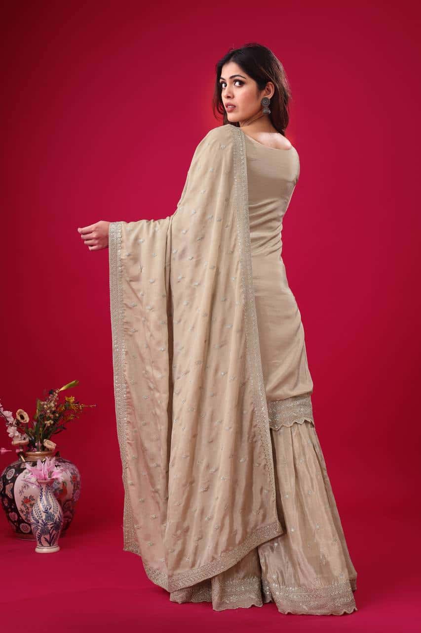 "Elegant Heavy Chinon Silk Embroidered Sharara Set with Lace Dupatta"