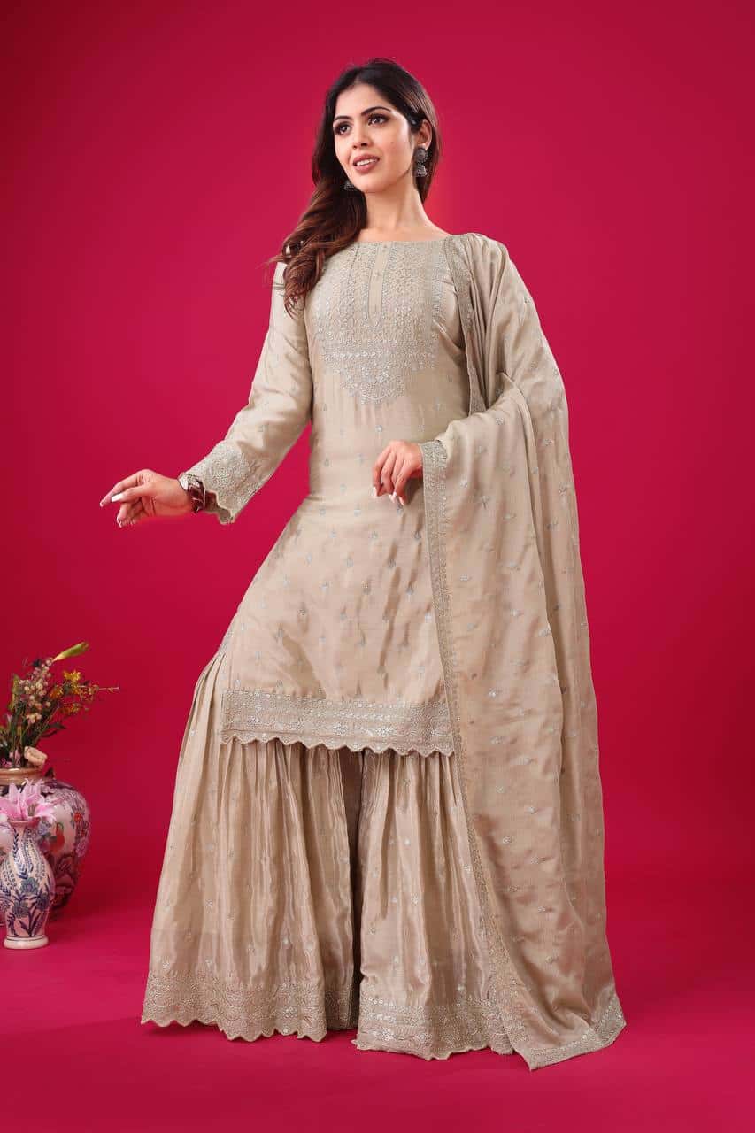 "Elegant Heavy Chinon Silk Embroidered Sharara Set with Lace Dupatta"