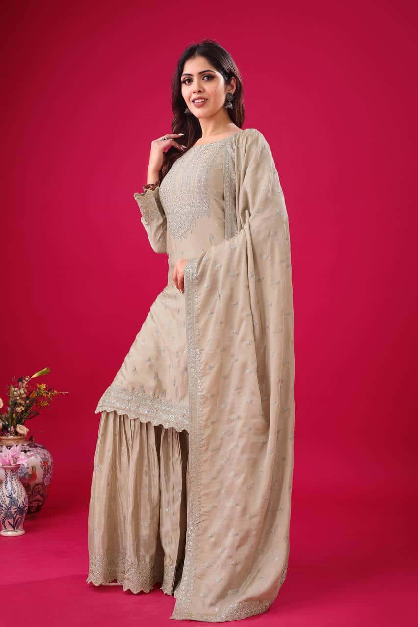 "Elegant Heavy Chinon Silk Embroidered Sharara Set with Lace Dupatta"