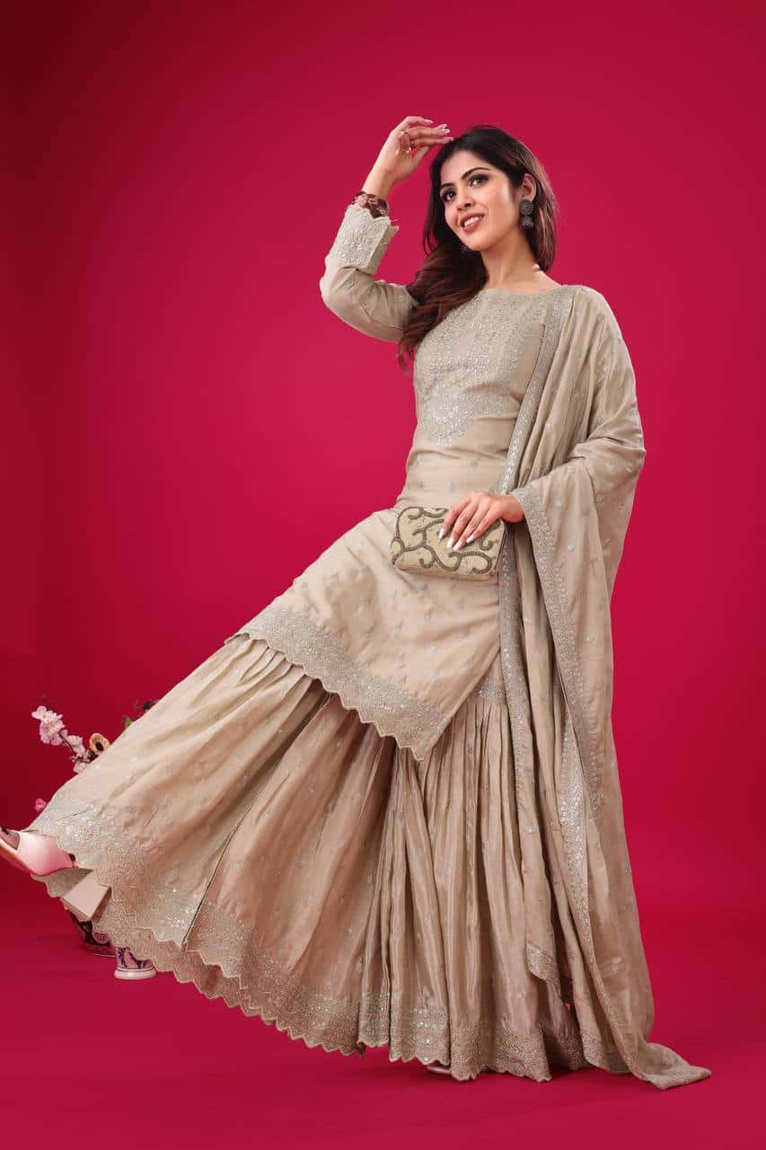 "Elegant Heavy Chinon Silk Embroidered Sharara Set with Lace Dupatta"