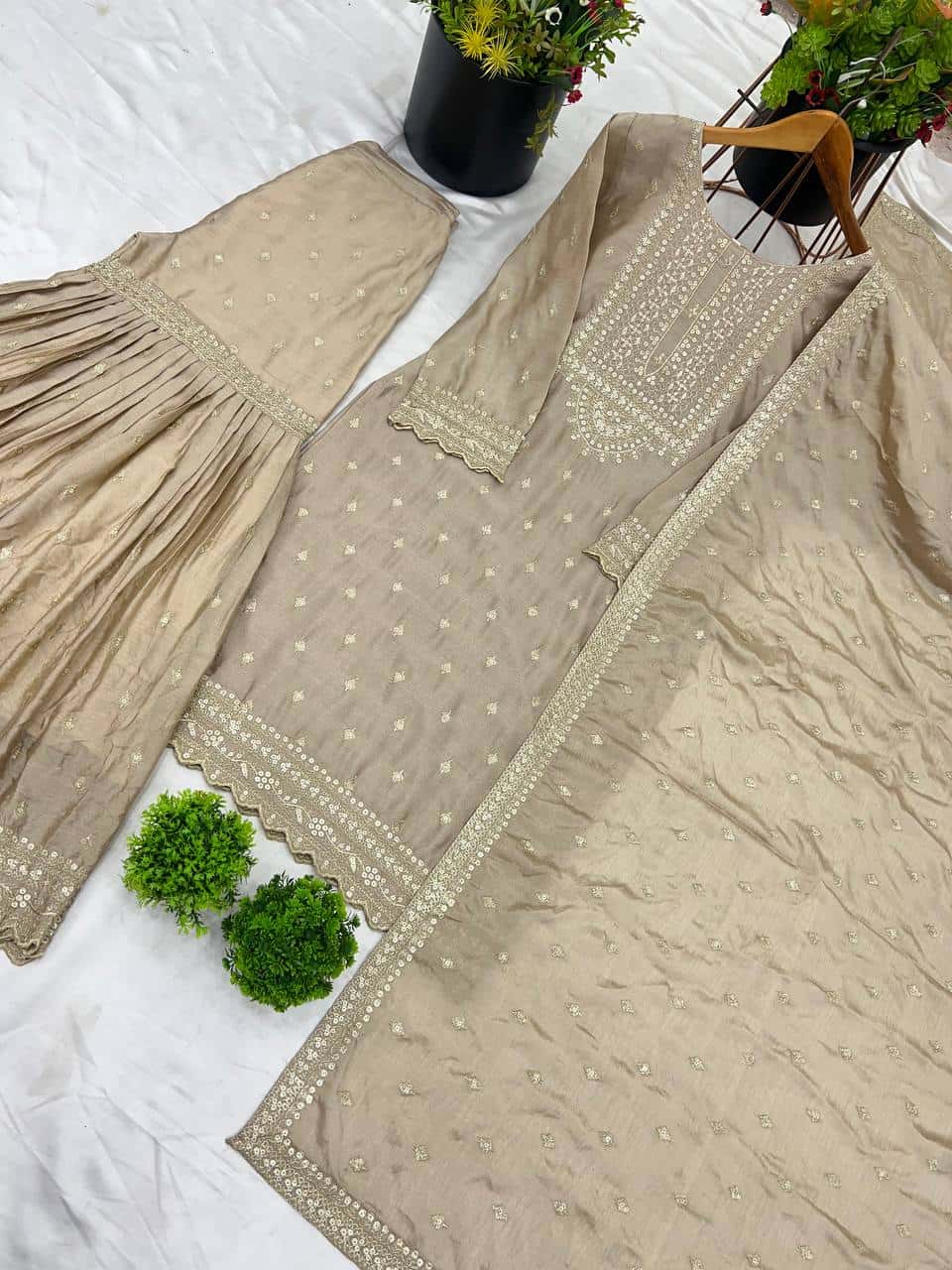 "Elegant Heavy Chinon Silk Embroidered Sharara Set with Lace Dupatta"