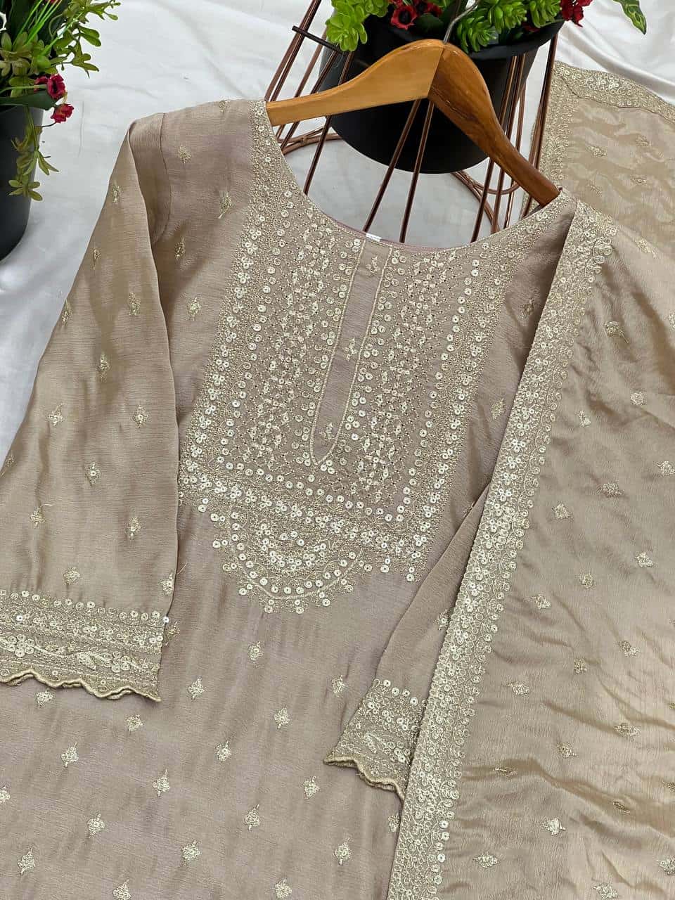 "Elegant Heavy Chinon Silk Embroidered Sharara Set with Lace Dupatta"