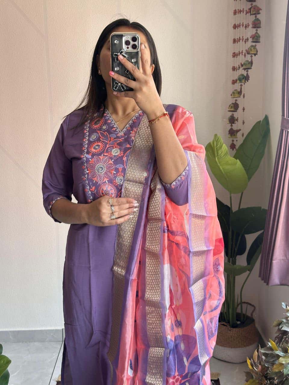 "Elegant Violet Kurti with Sequence Work and Organza Jacquard Dupatta"