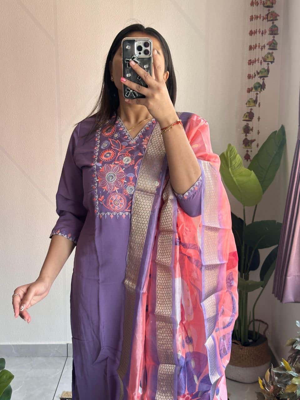 "Elegant Violet Kurti with Sequence Work and Organza Jacquard Dupatta"