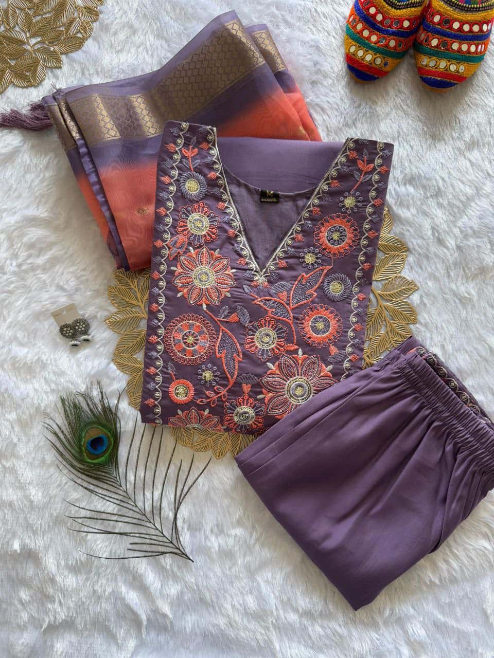 "Elegant Violet Kurti with Sequence Work and Organza Jacquard Dupatta"