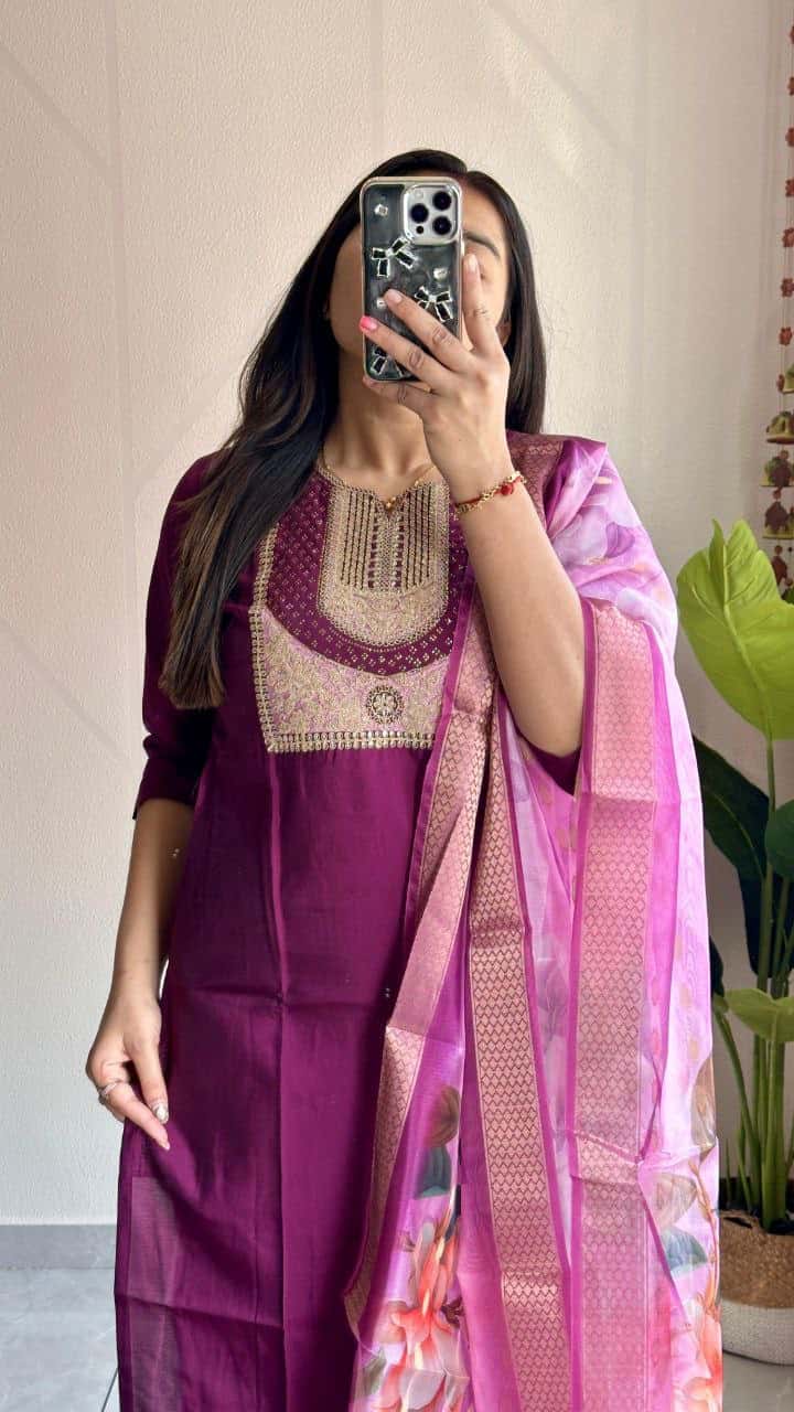 "Elegant Wine Roman Silk Kurti Set with Swarovski Embroidery & Jacquard Dupatta"