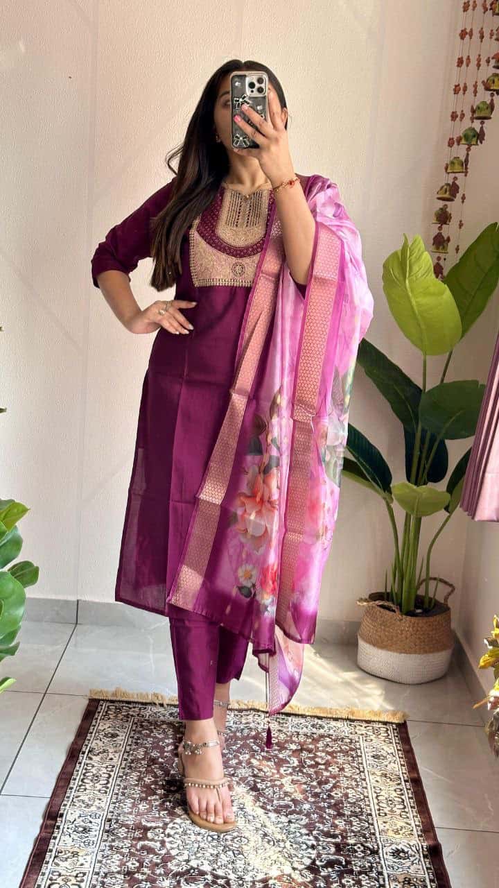 "Elegant Wine Roman Silk Kurti Set with Swarovski Embroidery & Jacquard Dupatta"