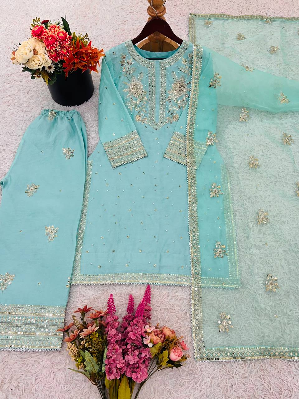 Designer Chinnon Silk Top-Bottom with Dupatta Set