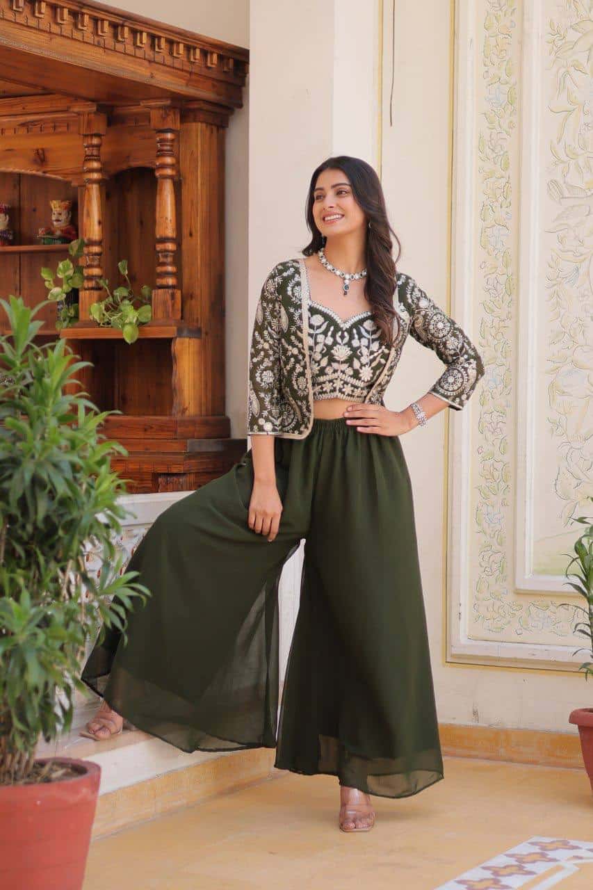 Faux Georgette Koti and Choli Set with Heavy Sequence and Lace Embroidery