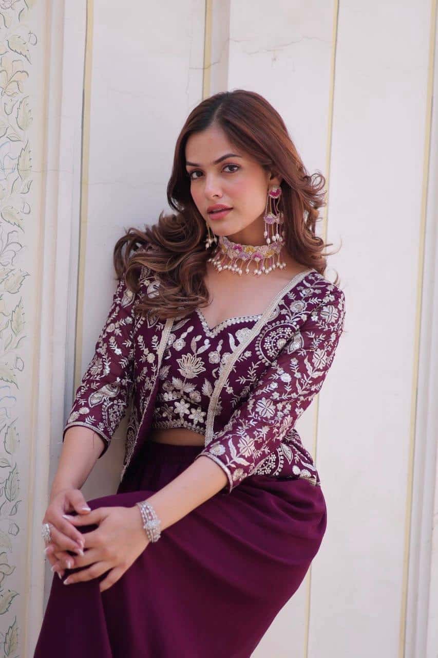 Faux Georgette Koti and Choli Set with Heavy Sequence and Lace Embroidery