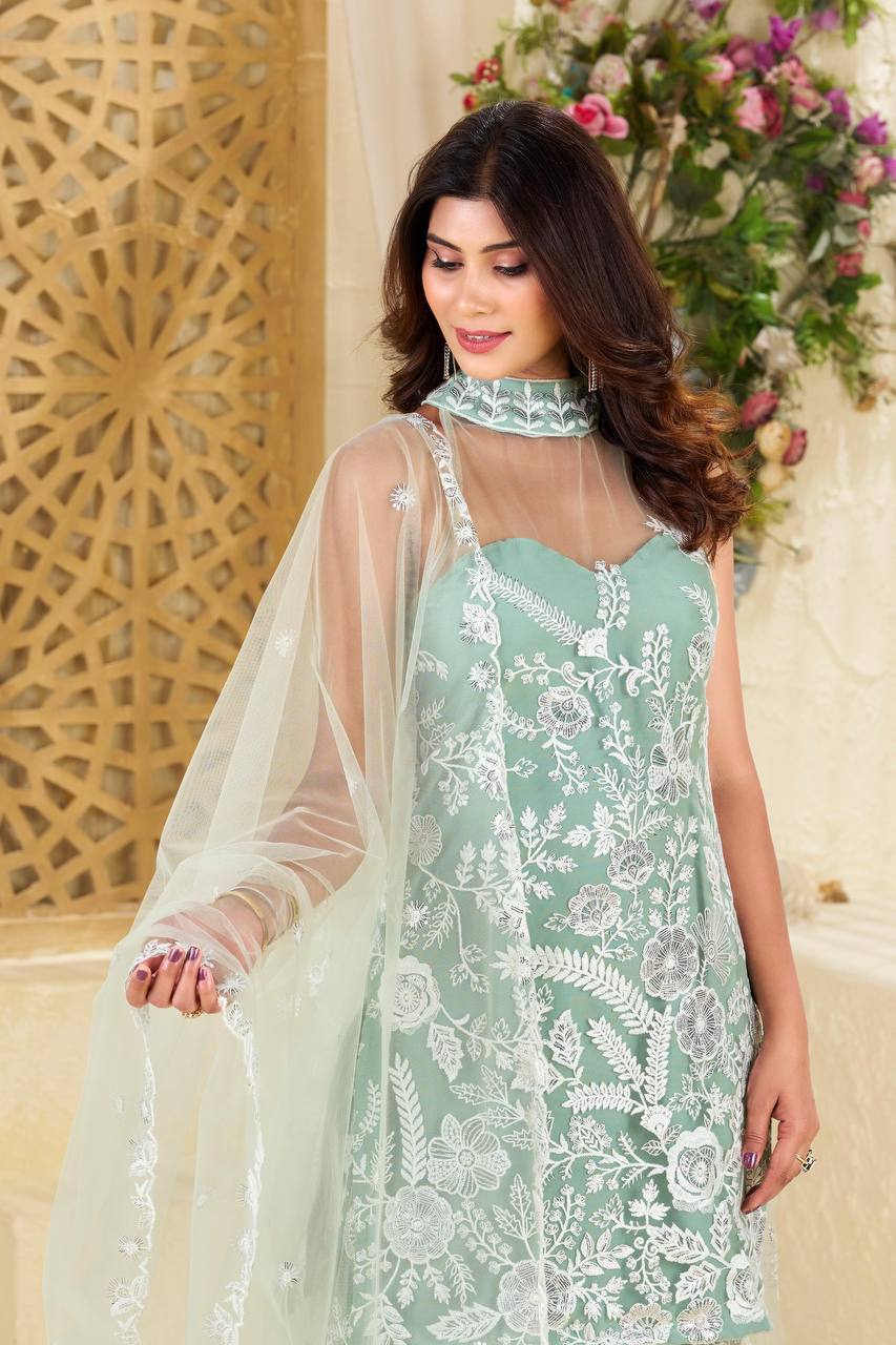 Trending Halter Neck net fabric Kurta & Palazzo Set with Dupatta
