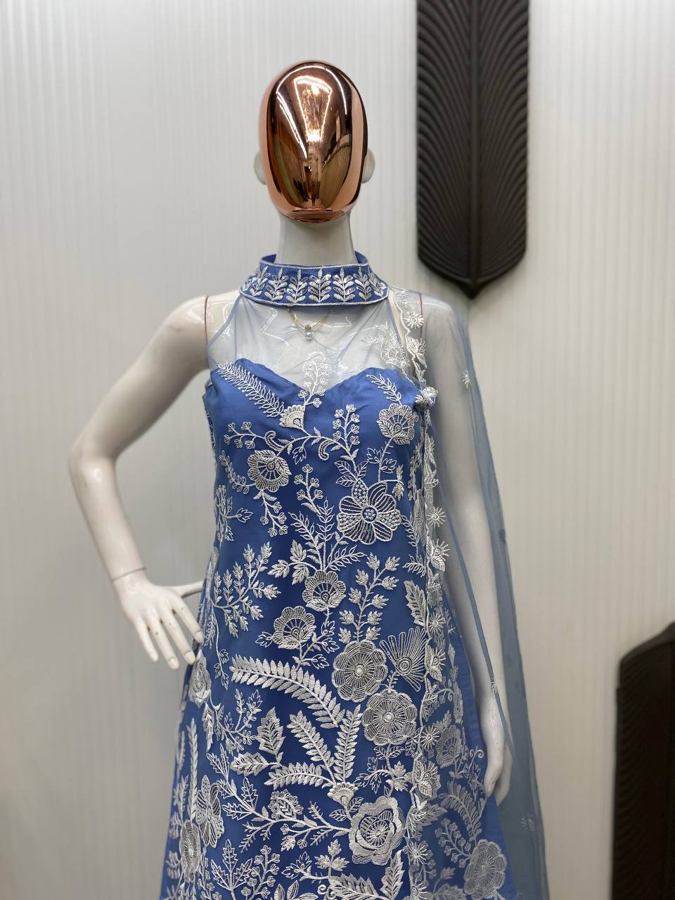 Trending Halter Neck net fabric Kurta & Palazzo Set with Dupatta