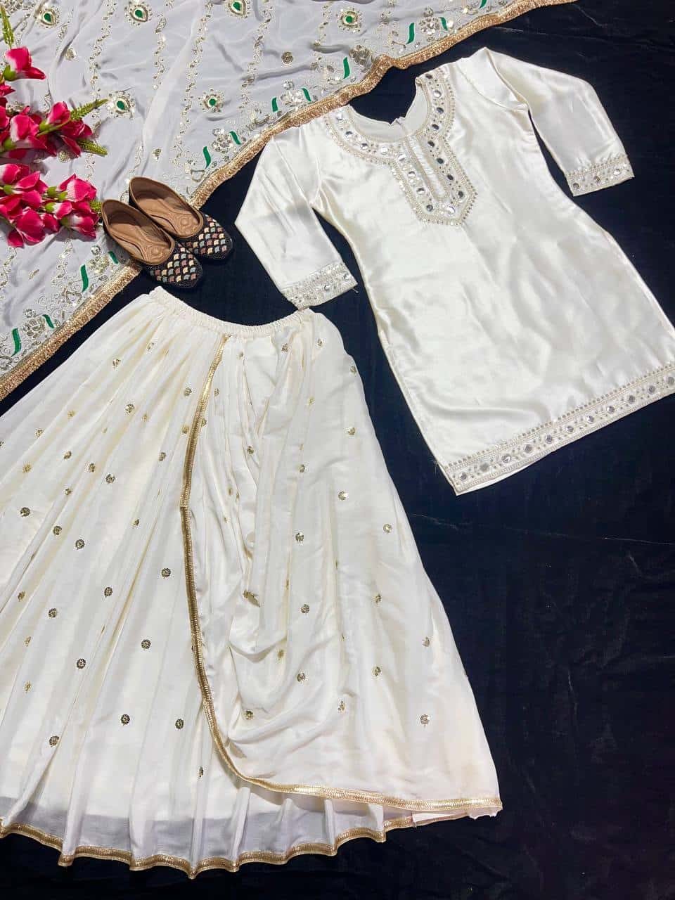 Heavy Malay Silk Embroidered Top with Mirror Work, Faux Georgette Dhoti Skirt, and Dupatta - Full Stitched Ethnic Party Wear Set for Women