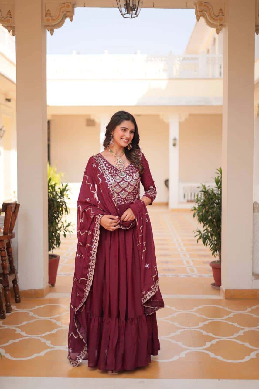 Pure Star Georgette Gown with Heavy Sequence Embroidery and Matching Dupatta