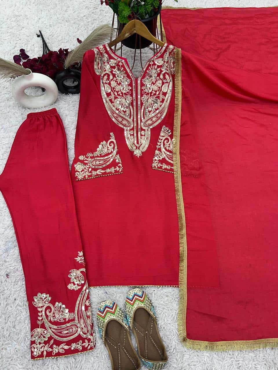 Elegant Pure Chinnon Silk Embroidered Set with Lace Border Dupatta