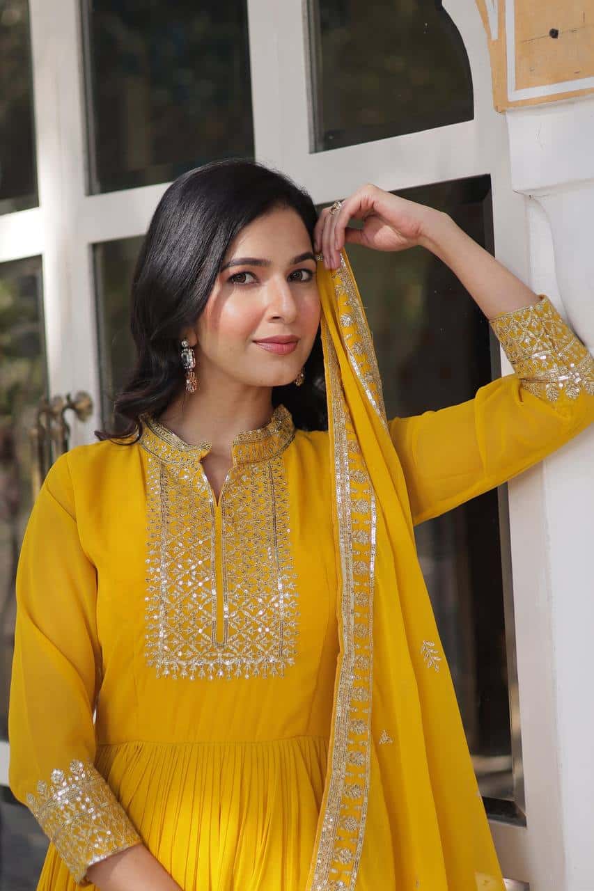 Elegant Designer Gown & Dupatta Set – Faux Blooming Georgette with Embroidery.