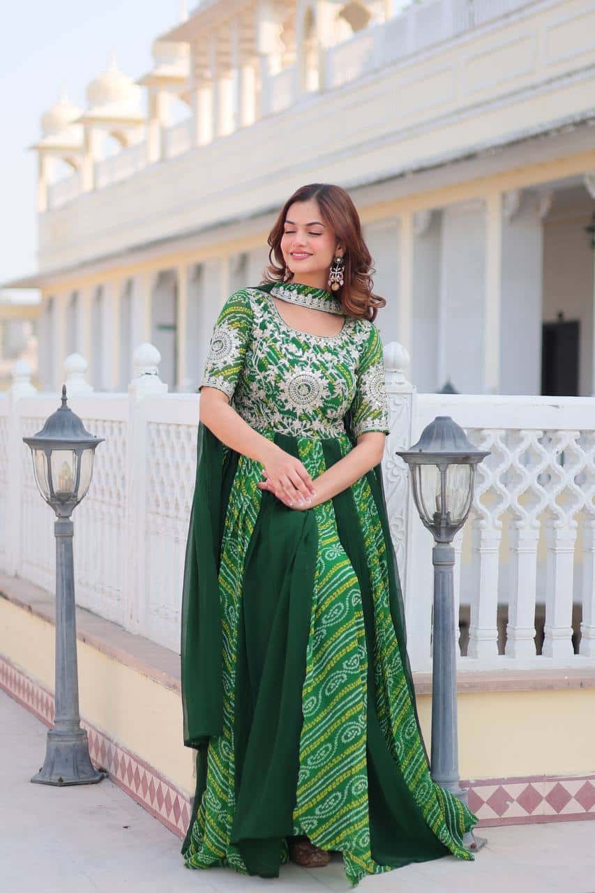 Pure Bandhej Gown with Faux Georgette Dupatta and Sequence Embroidery