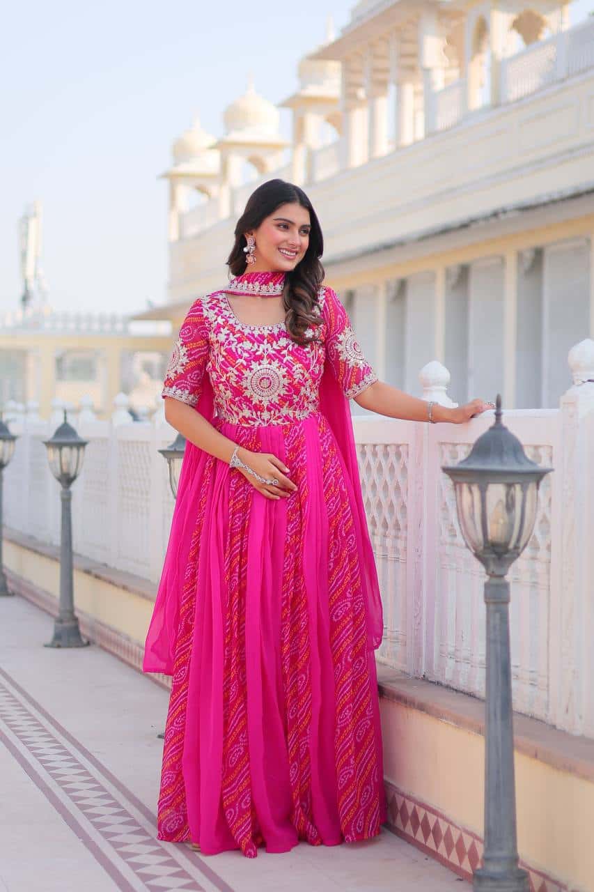 Pure Bandhej Gown with Faux Georgette Dupatta and Sequence Embroidery