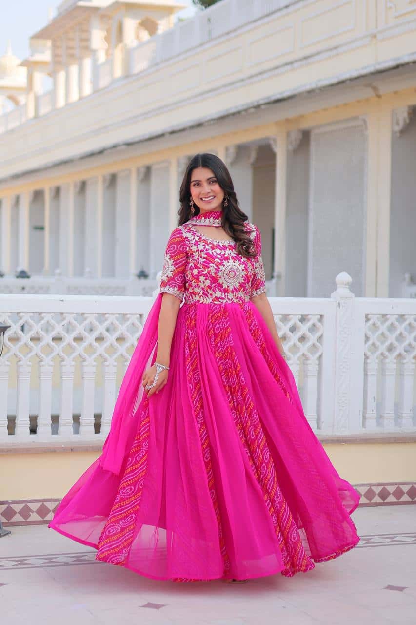 Pure Bandhej Gown with Faux Georgette Dupatta and Sequence Embroidery