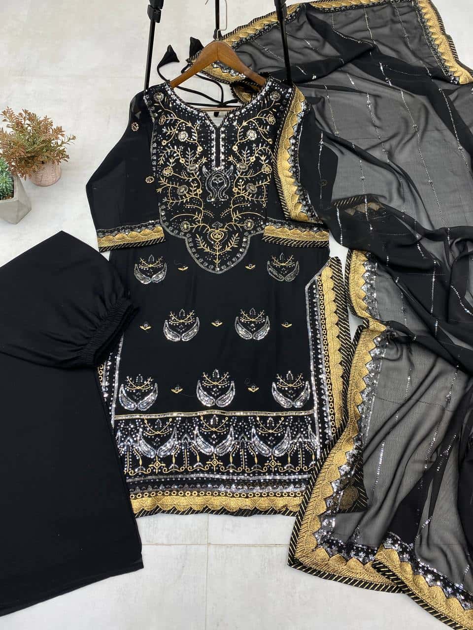 Faux Georgette Embroidered Sequence Anarkali Dress with Silk Inner and Dupatta