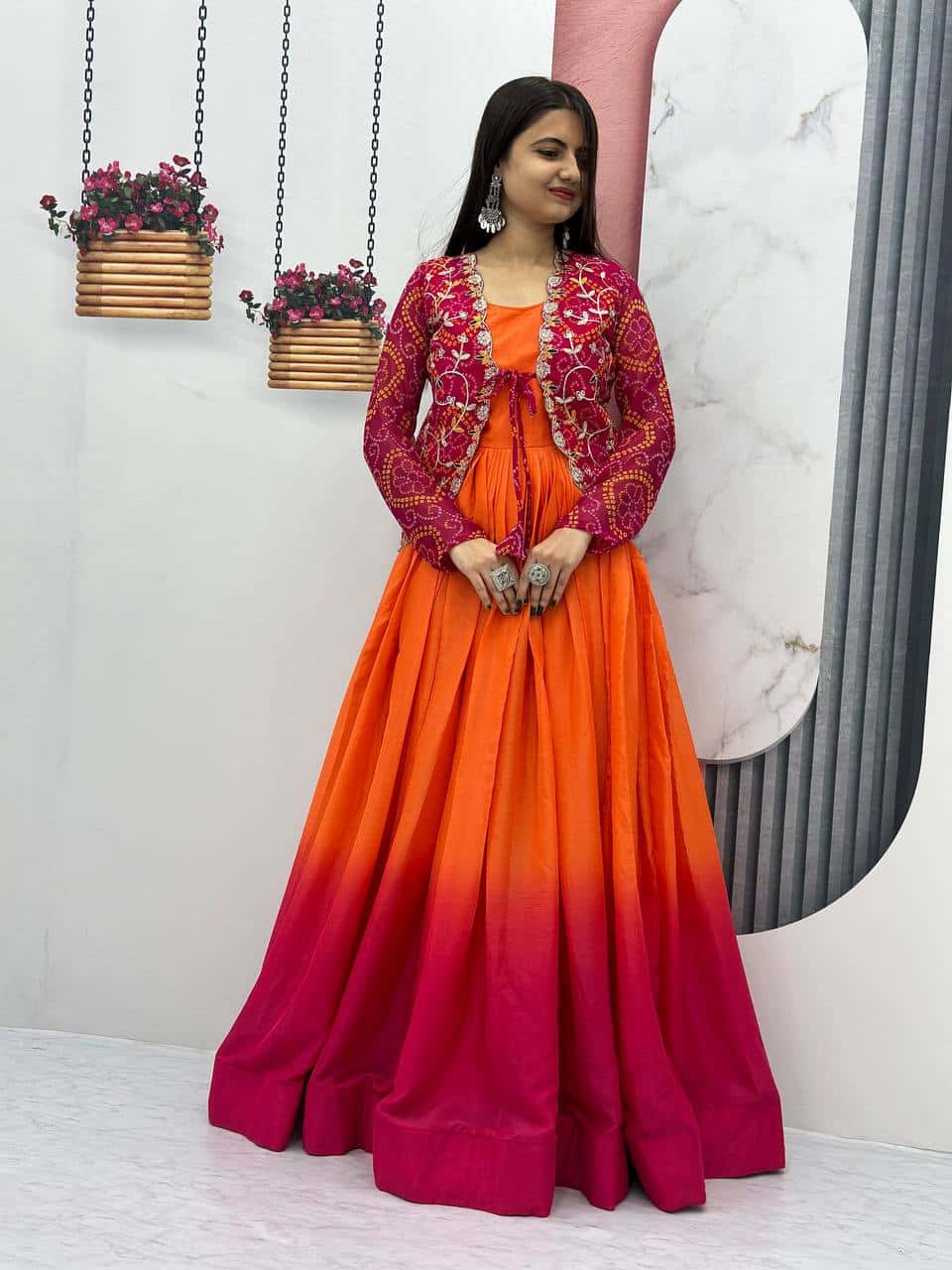 Pure Chinnon Tudey Gown with Bandhej Jacket and Embroidery Work