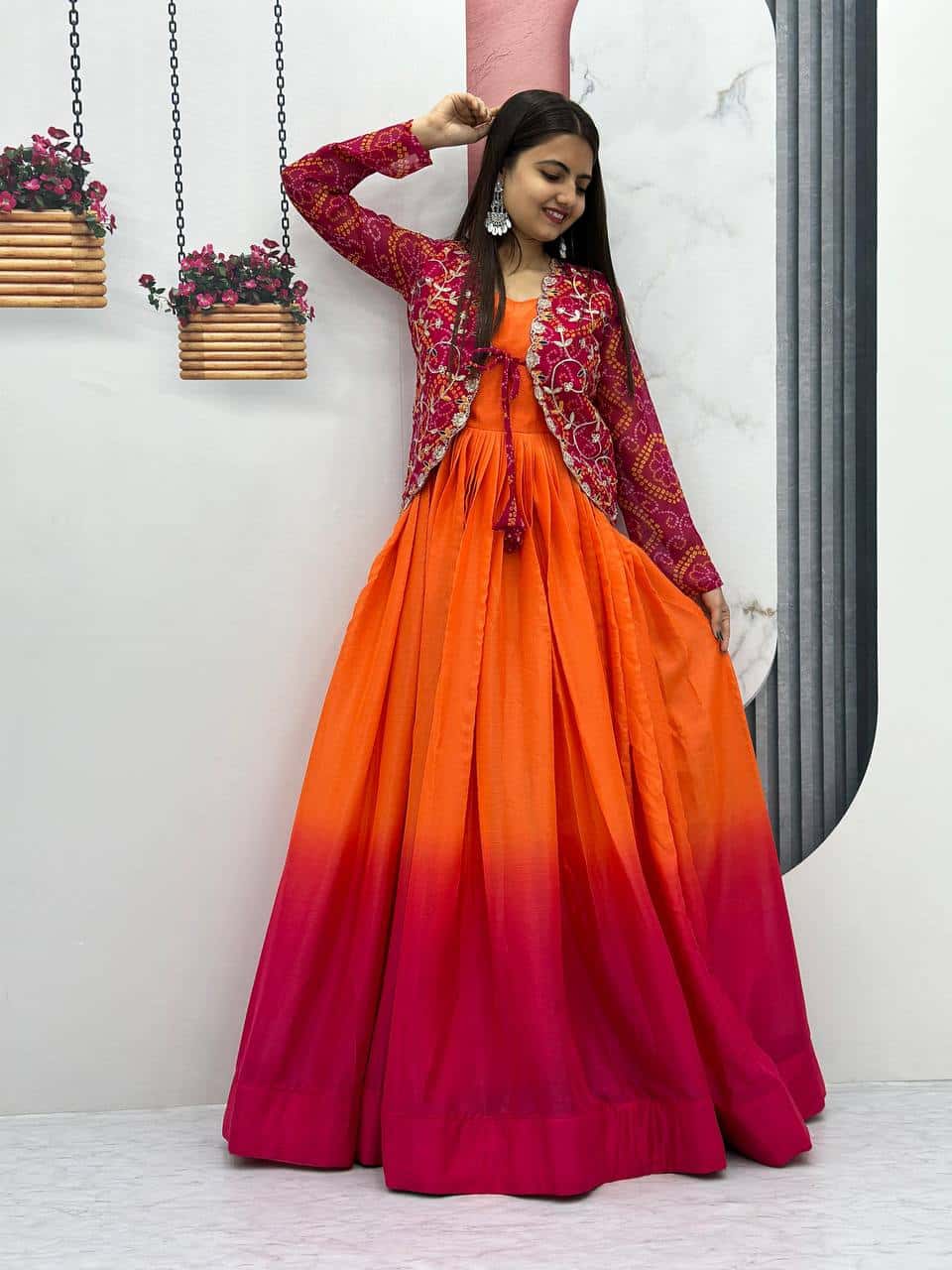 Pure Chinnon Tudey Gown with Bandhej Jacket and Embroidery Work