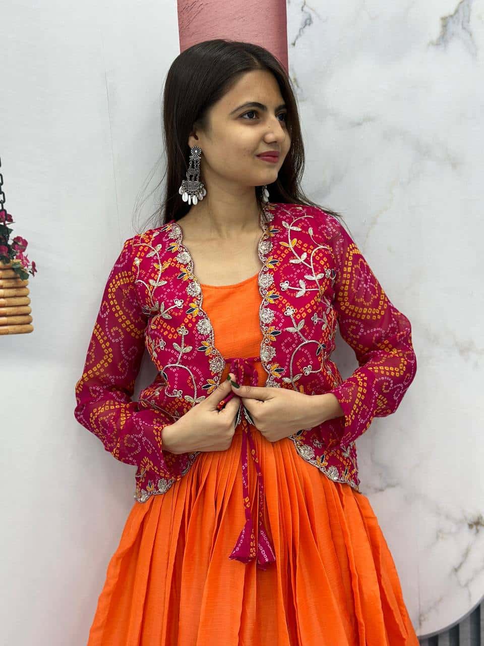 Pure Chinnon Tudey Gown with Bandhej Jacket and Embroidery Work