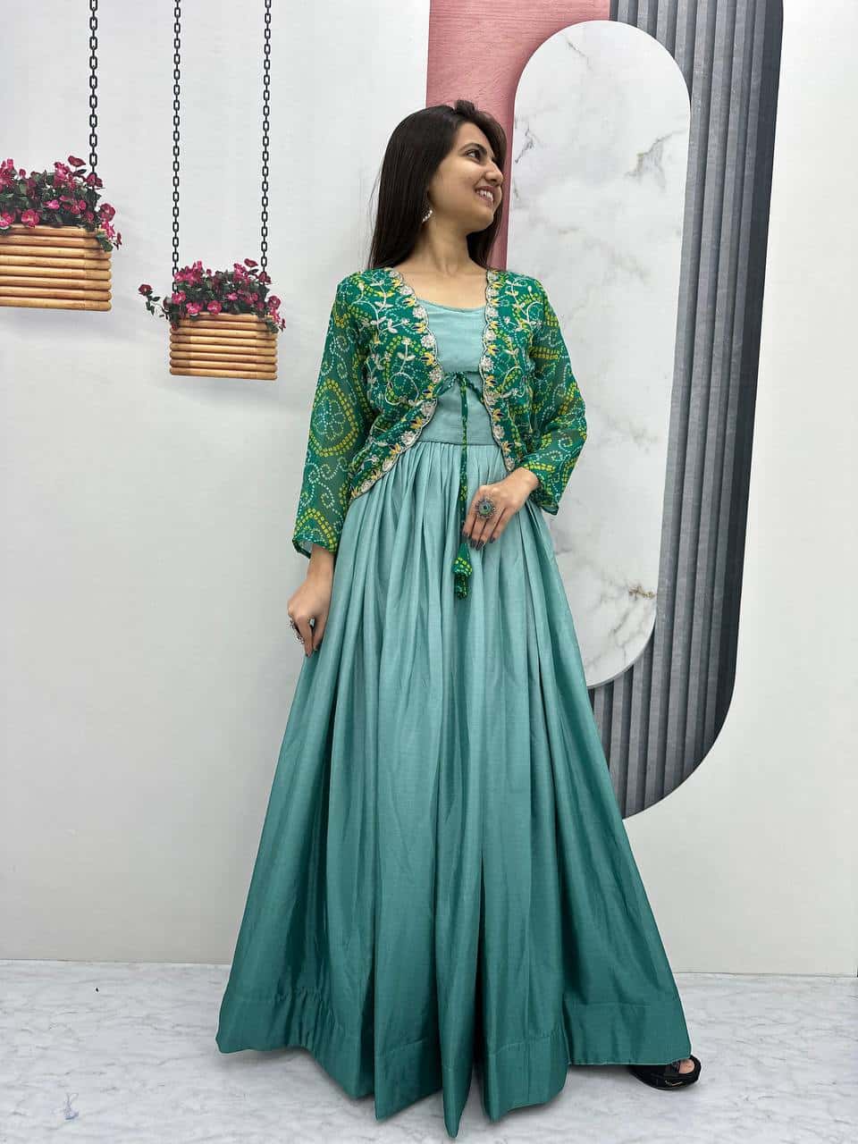 Pure Chinnon Tudey Gown with Bandhej Jacket and Embroidery Work