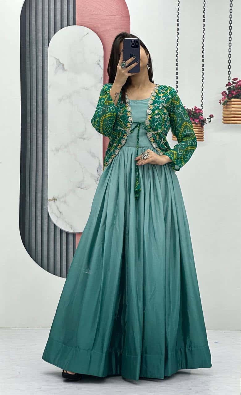 Pure Chinnon Tudey Gown with Bandhej Jacket and Embroidery Work