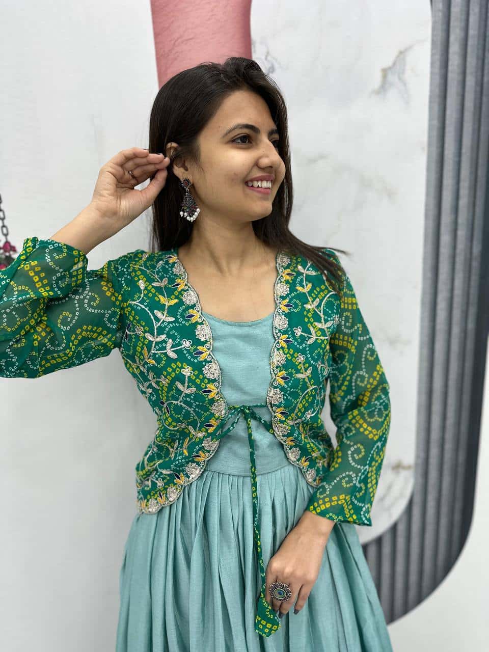 Pure Chinnon Tudey Gown with Bandhej Jacket and Embroidery Work