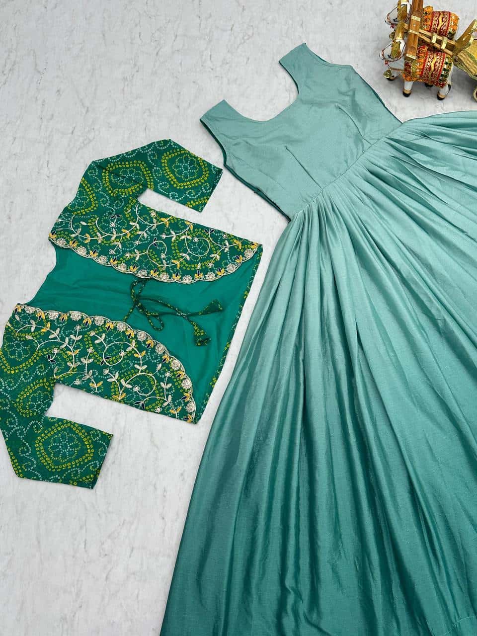 Pure Chinnon Tudey Gown with Bandhej Jacket and Embroidery Work