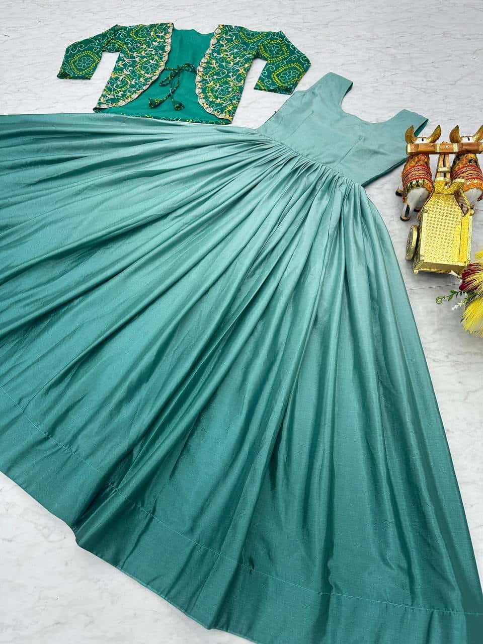 Pure Chinnon Tudey Gown with Bandhej Jacket and Embroidery Work